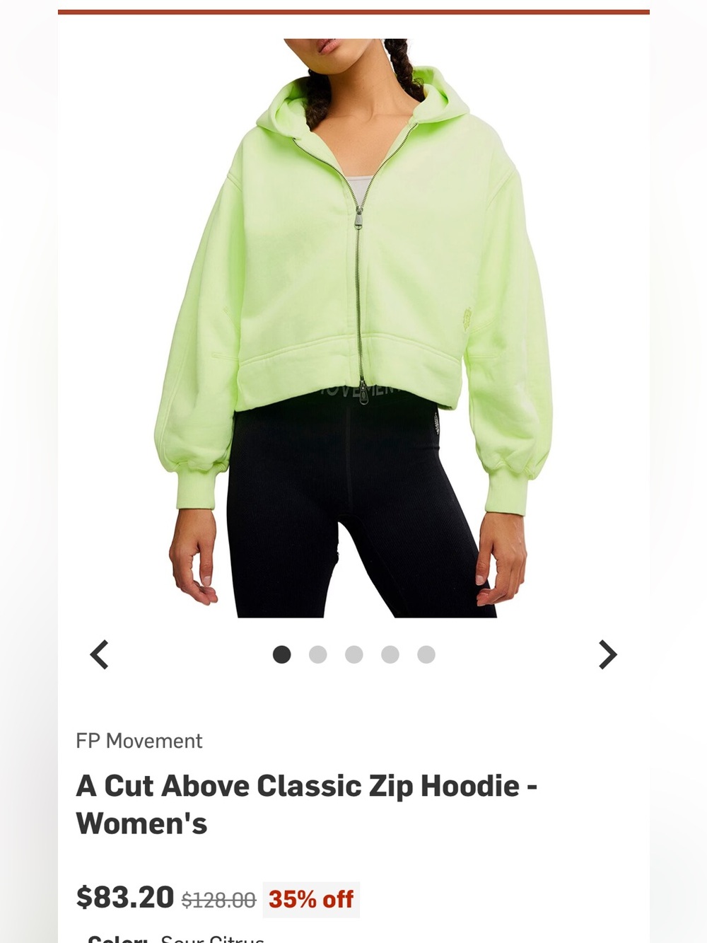 Free People Movement- A Cut Above Classic Zip Hoodie in Sour Citrus- XS
